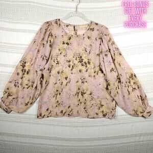 Hope & Harlow Pink Sheer Floral Blouse Oversized Sleeves Size S NEW